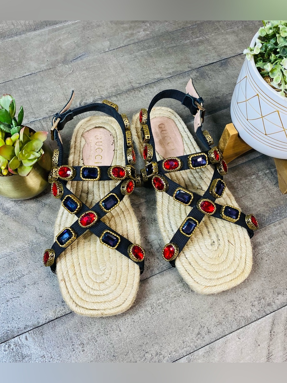 GUCCI Crystal Jewel Embellished Grosgrain Espadrille Gladiator Sandals Sz 7.5 38
